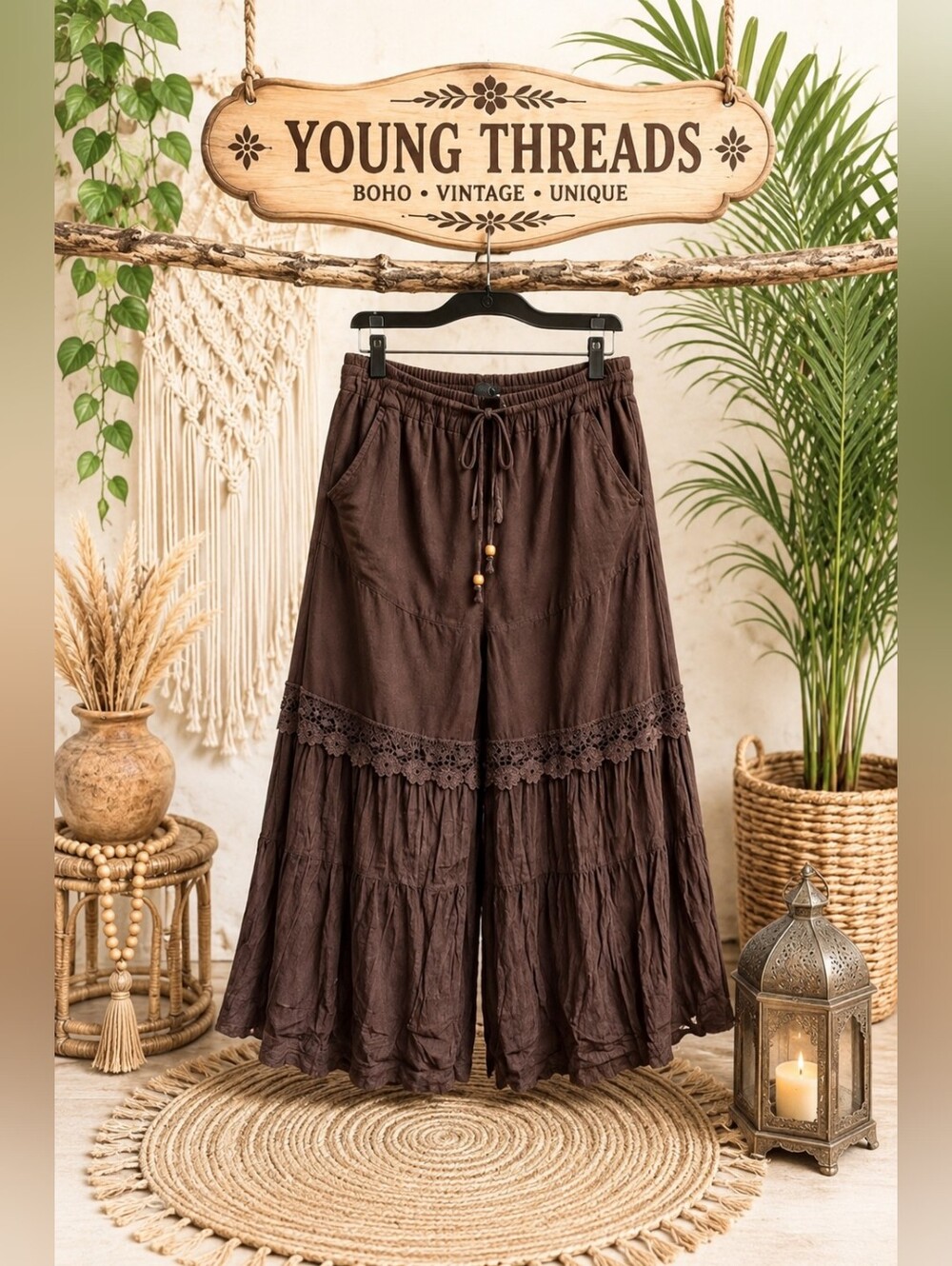 Young Threads Brown Wide-Leg Tiered Lace-Trim Pants